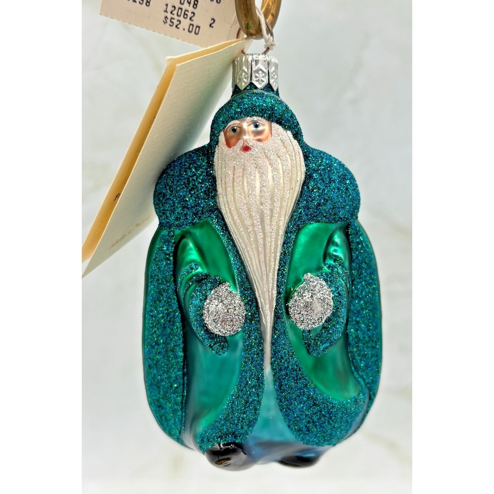 Patricia Breen 2003 EMERALD SANTA Glass Ornament NWT Poland 2348 Green Glitter